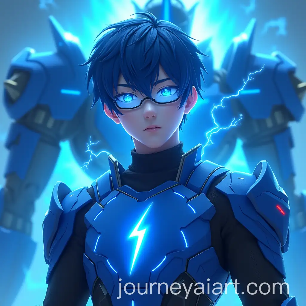 Futuristic-Knight-with-Electric-Powers-Beside-Giant-Blue-Mecha