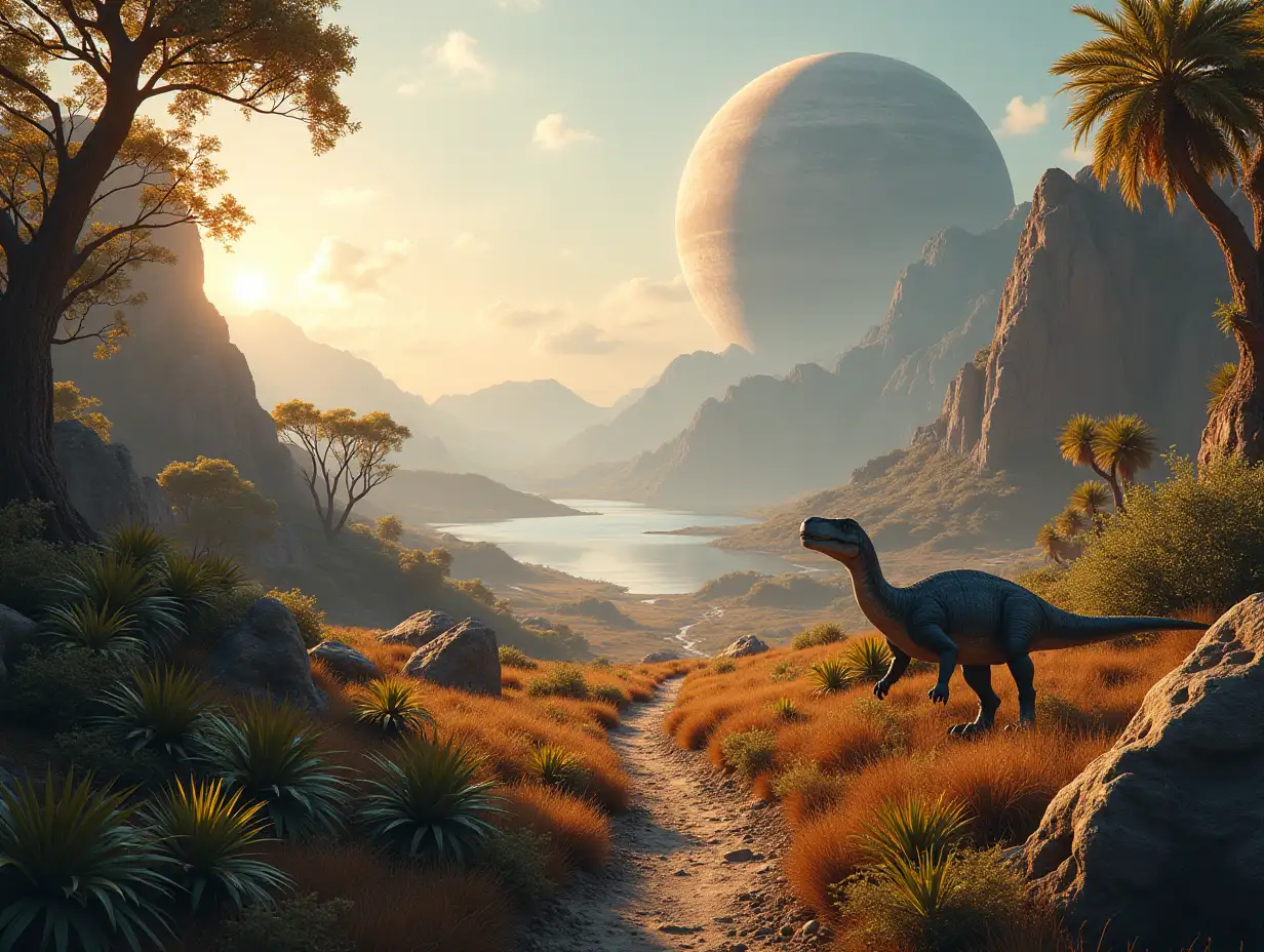 On a foreign planet with foreign plants with dinosaurs in a 4K resolution