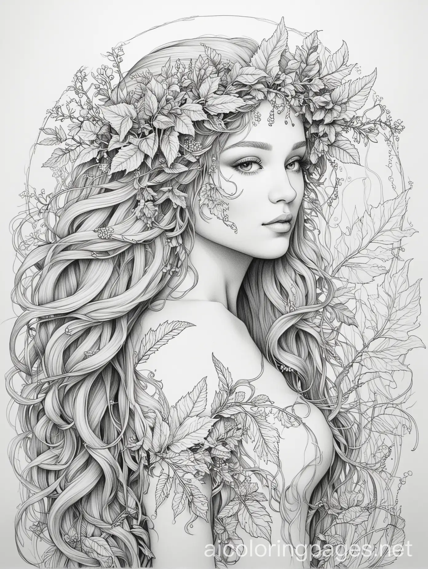 Majestic-Dryad-Coloring-Page-Black-and-White-Line-Art