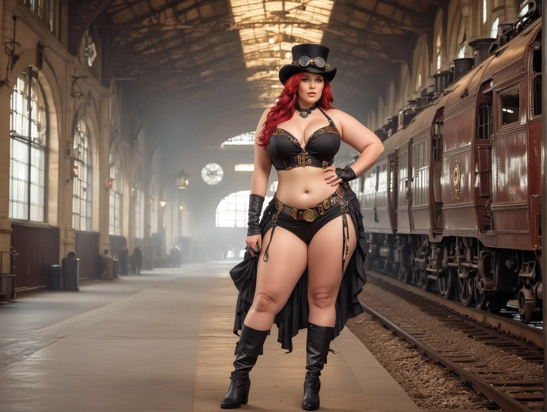 Plus size supermodel in steampunk bikini in 1800s grand train station

