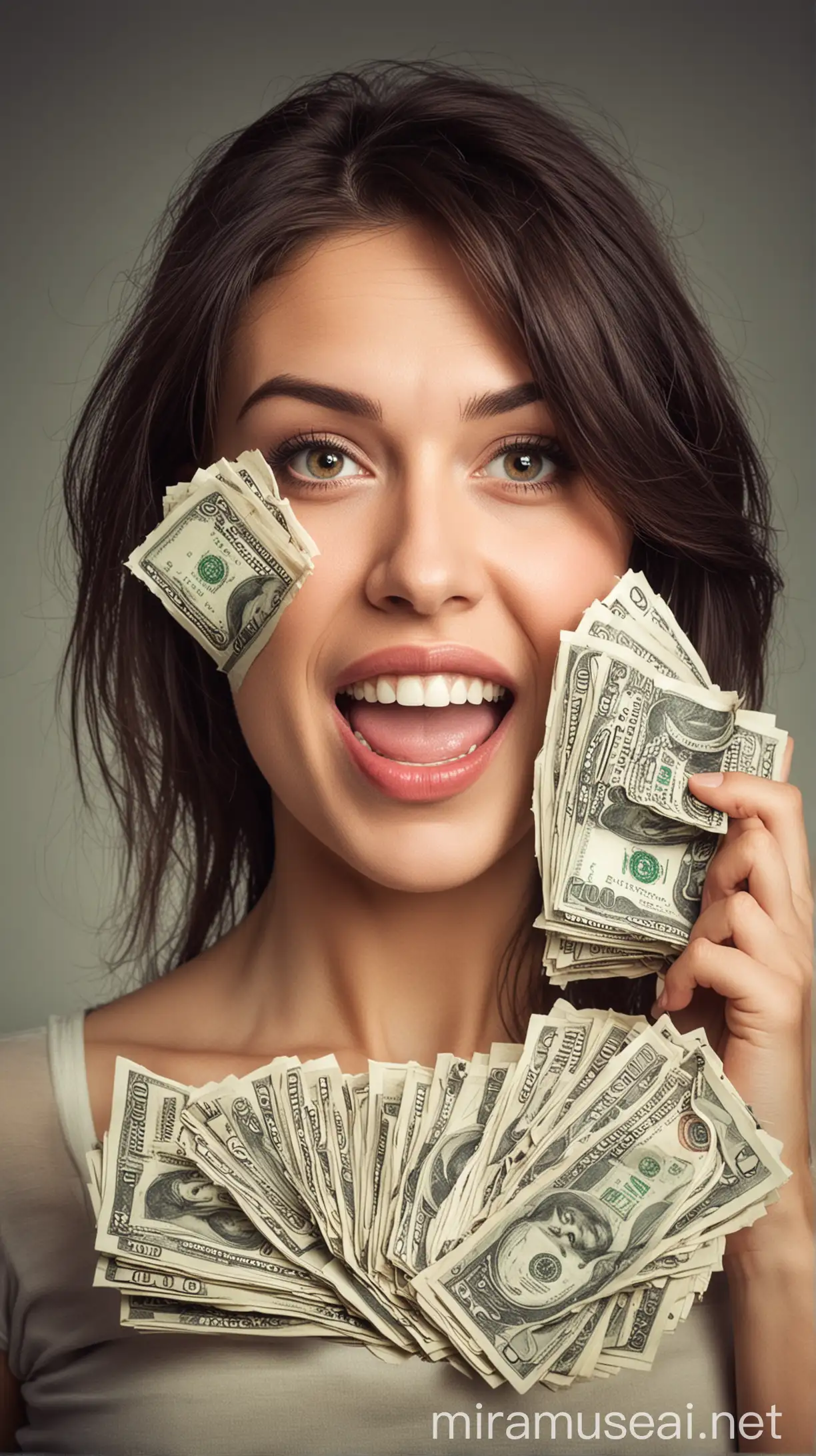 Exaggerated Expression of a Beautiful Woman Holding Money