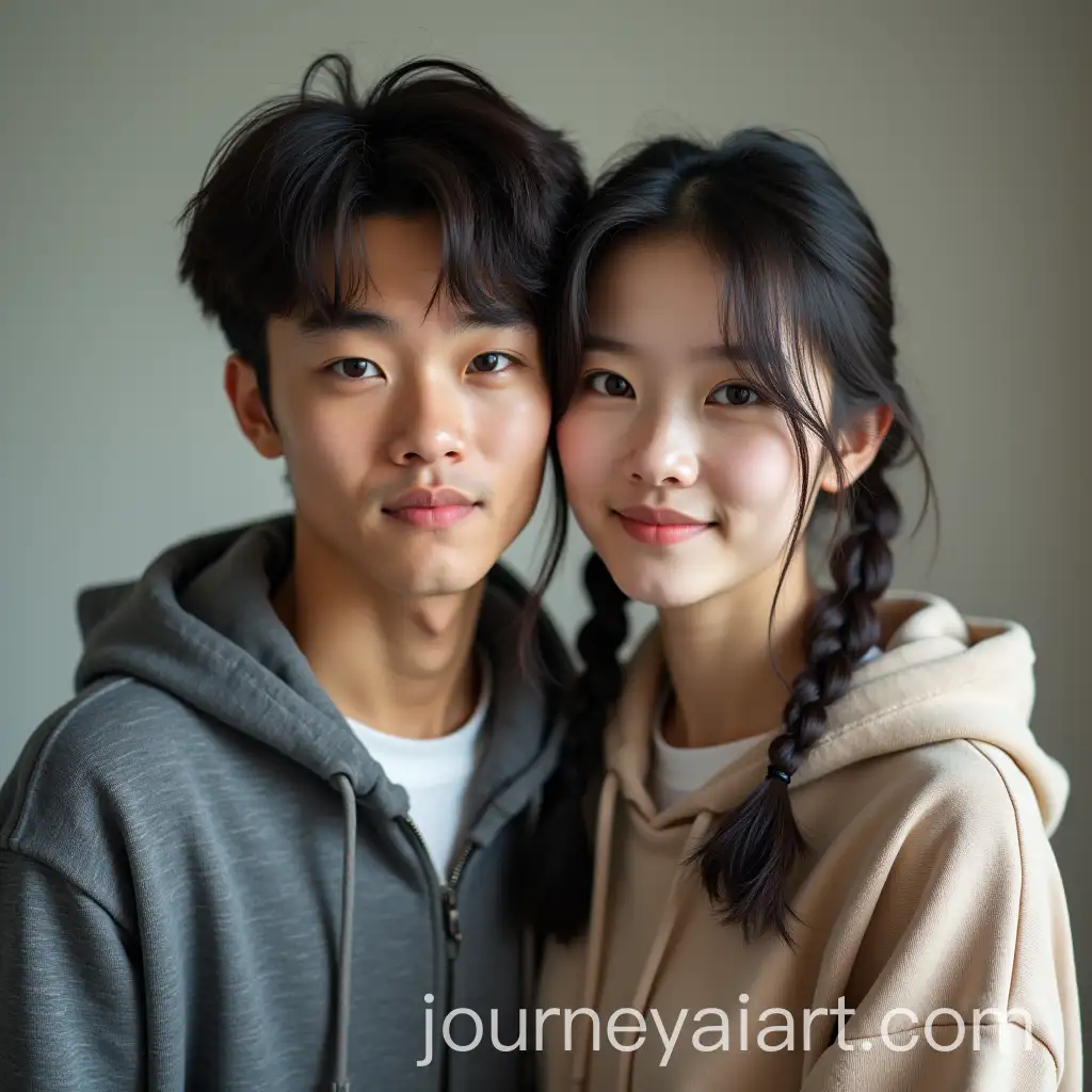 Young-Asian-Couple-in-Casual-Clothing-with-Flirting-Expression-and-Playful-Pigtails