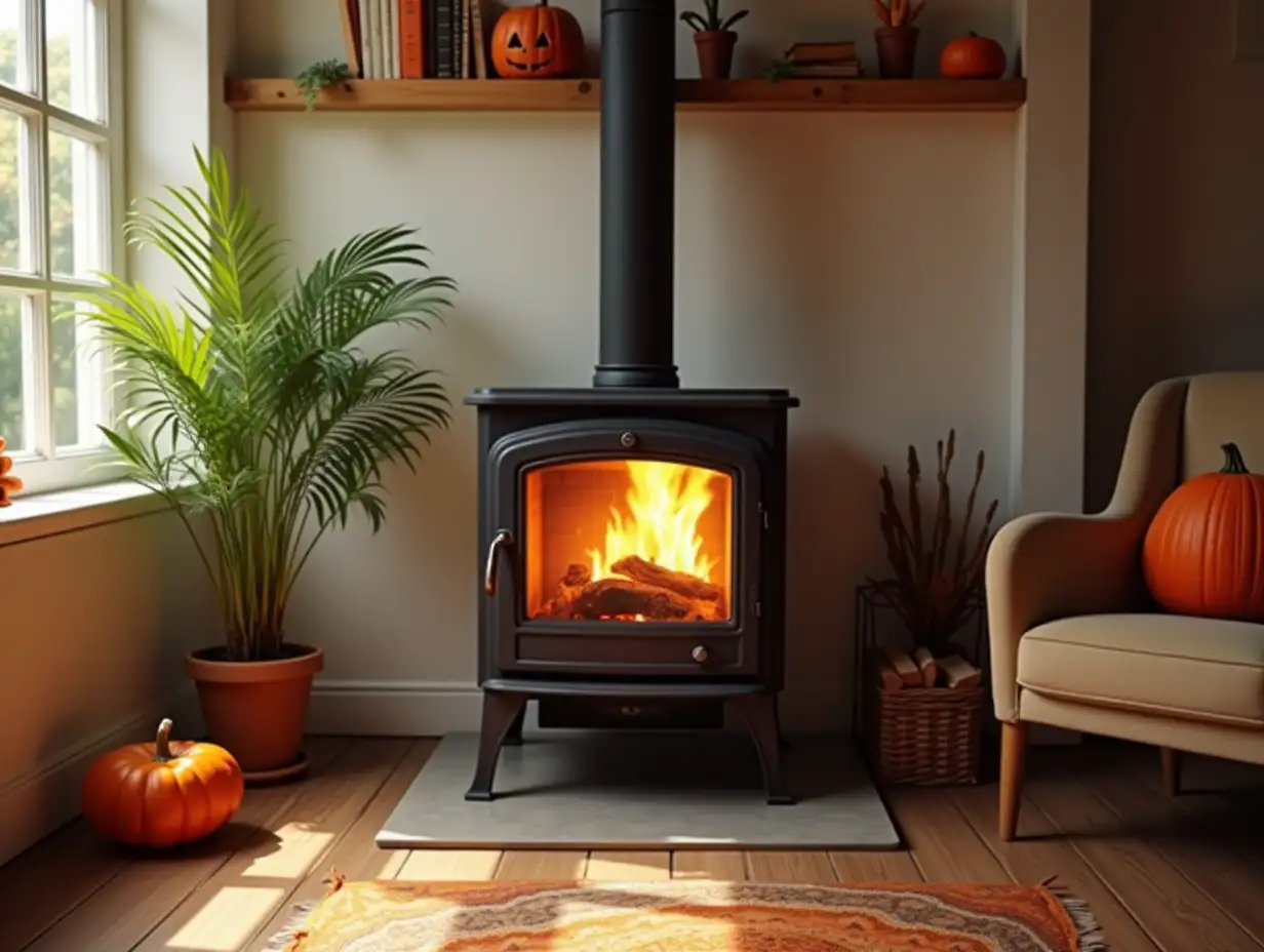 Bright sunny interior of the house with Black Metal Steel fireplace stove with fire and firewood with halloween decor and autumn mood. Cozy home hearth in interior with indoor potted plant