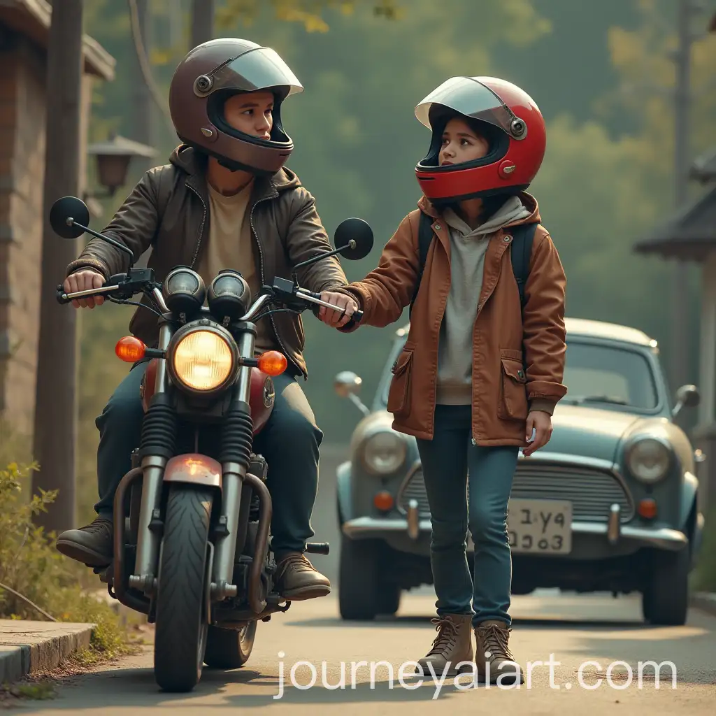 Idan-and-Angel-Riding-Together-on-an-Old-Motorcycle-Outside-Her-House