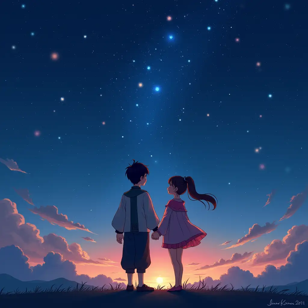 Anime style, Jiange of Jiangnan Three and Xiaoji of Shu, holding hands looking up at the starry sky, couple profile