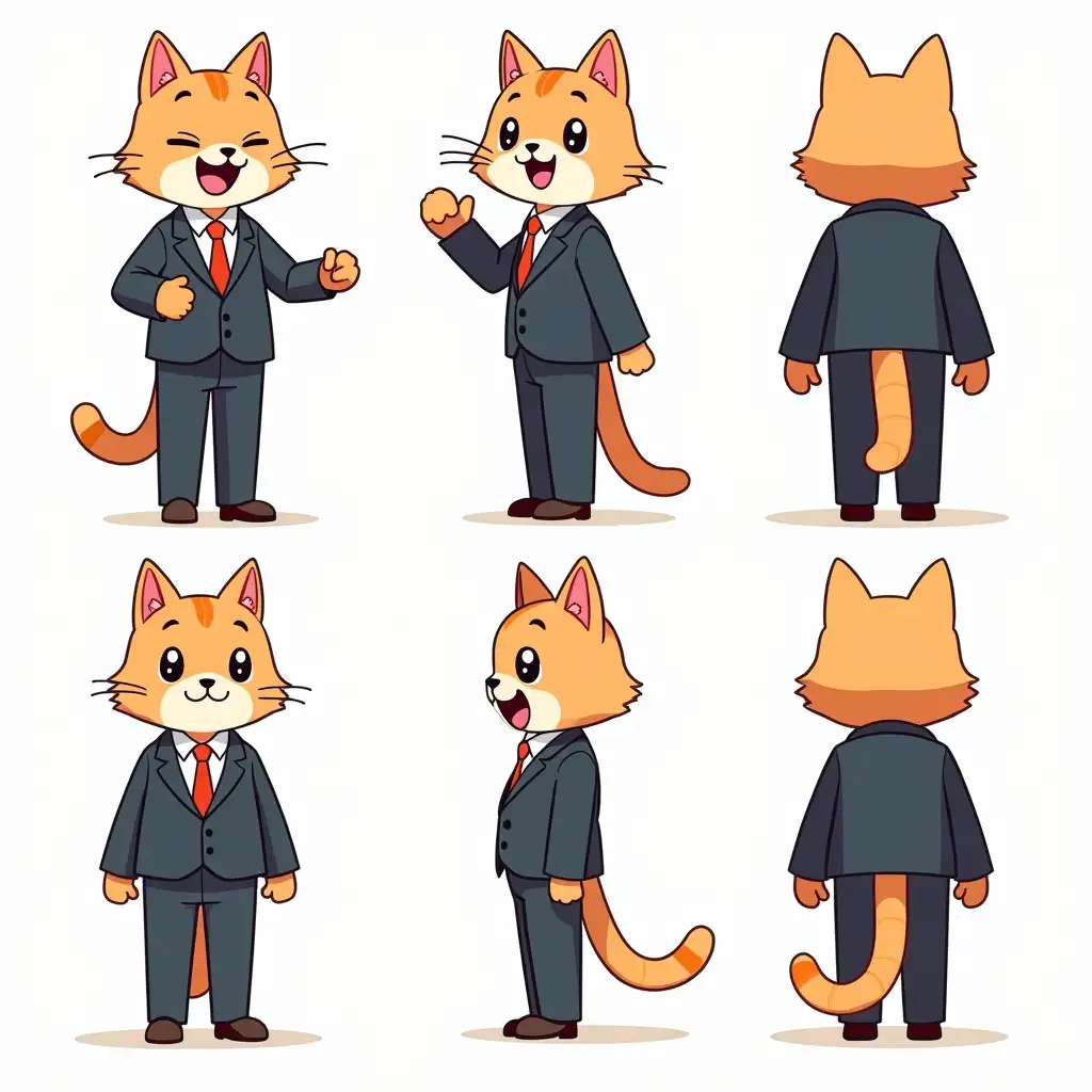 a character sheet , multiple angels,multiple views, visible face, back pose, A humanoid cat named Dave, a young, excited news presenter,wears a sharp suit and talks animatedly to the camera, neutral expression. The image is in the style of 2D cute Anime Style with pastel colors, depicts anthropomorphic cat characters dressed like humans. The background is solid pure white.