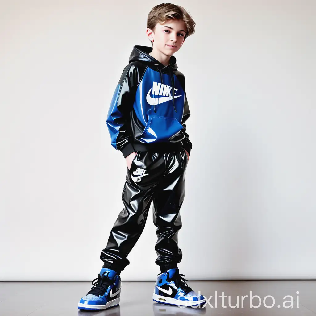 cute athletic ten-year old boy wearing NIKE PVC pants and NIKE Air Jordan high top sneakers