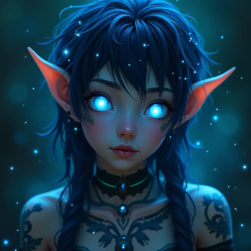 Elf with Glowing Blue Eyes and Magical Tattoos and Piercings