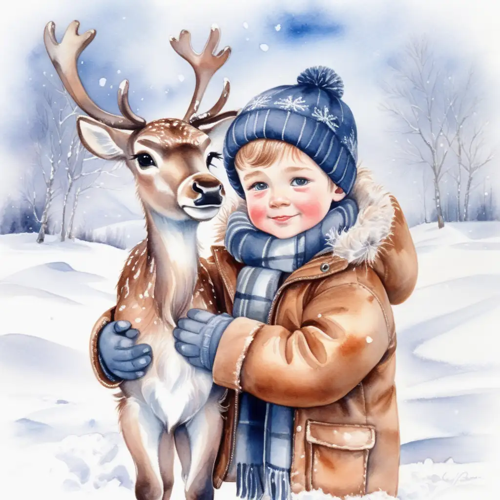 Sweet Boy Holding Reindeer Calf in Winter Snow