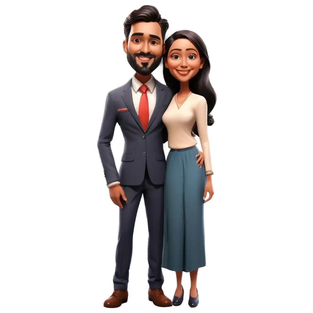 South-Indian-Couple-Caricature-PNG-Suited-Guy-with-Beard-and-Chubby-Girl