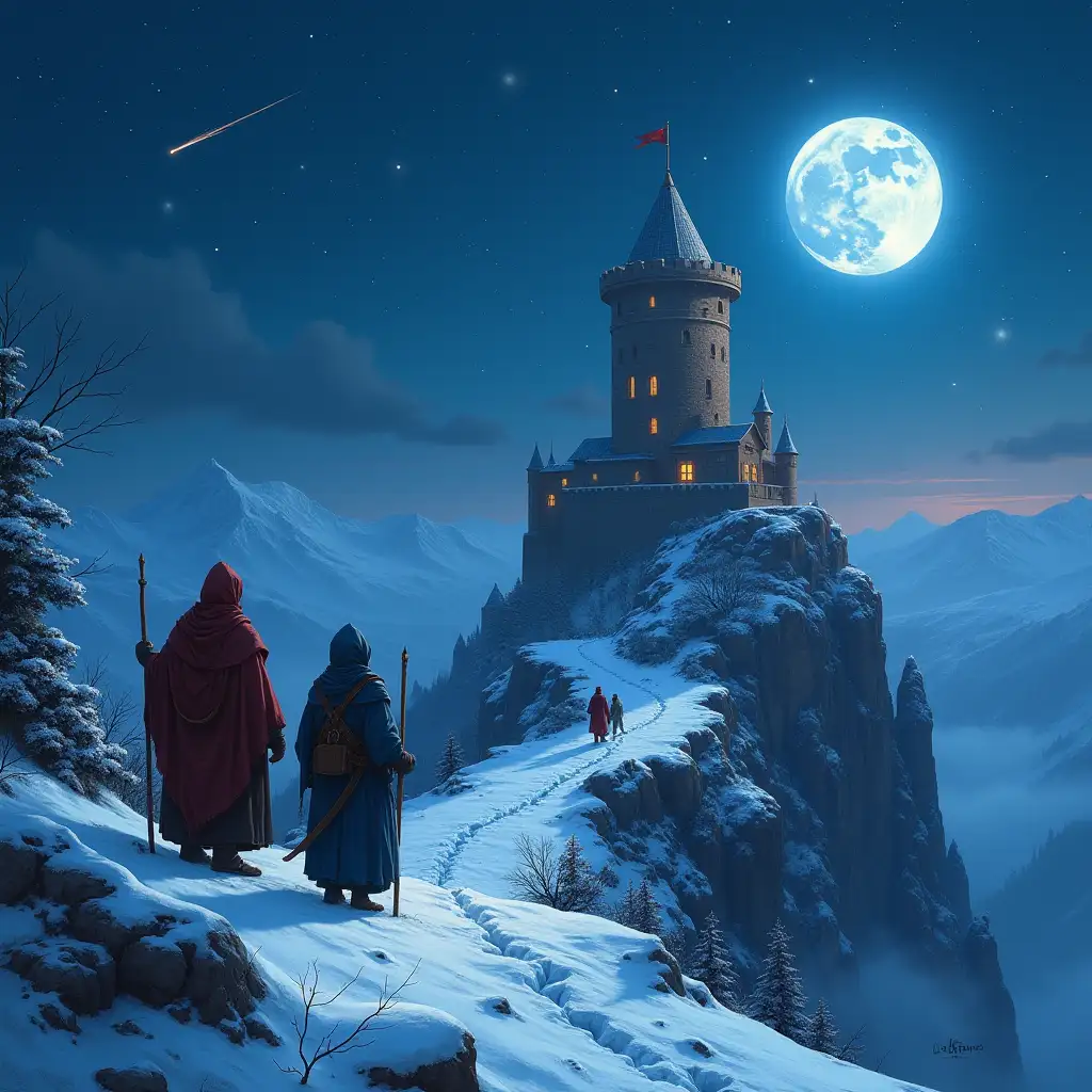 A D&D group of adventurers travelling in a fantasy world, arriving at a magician’s tower on the top of a snowed mountain. The tower looks like a fantasy medieval strata observatory. It is night and there are a lot of stars, a meteor far away and a full light moon in the sky.