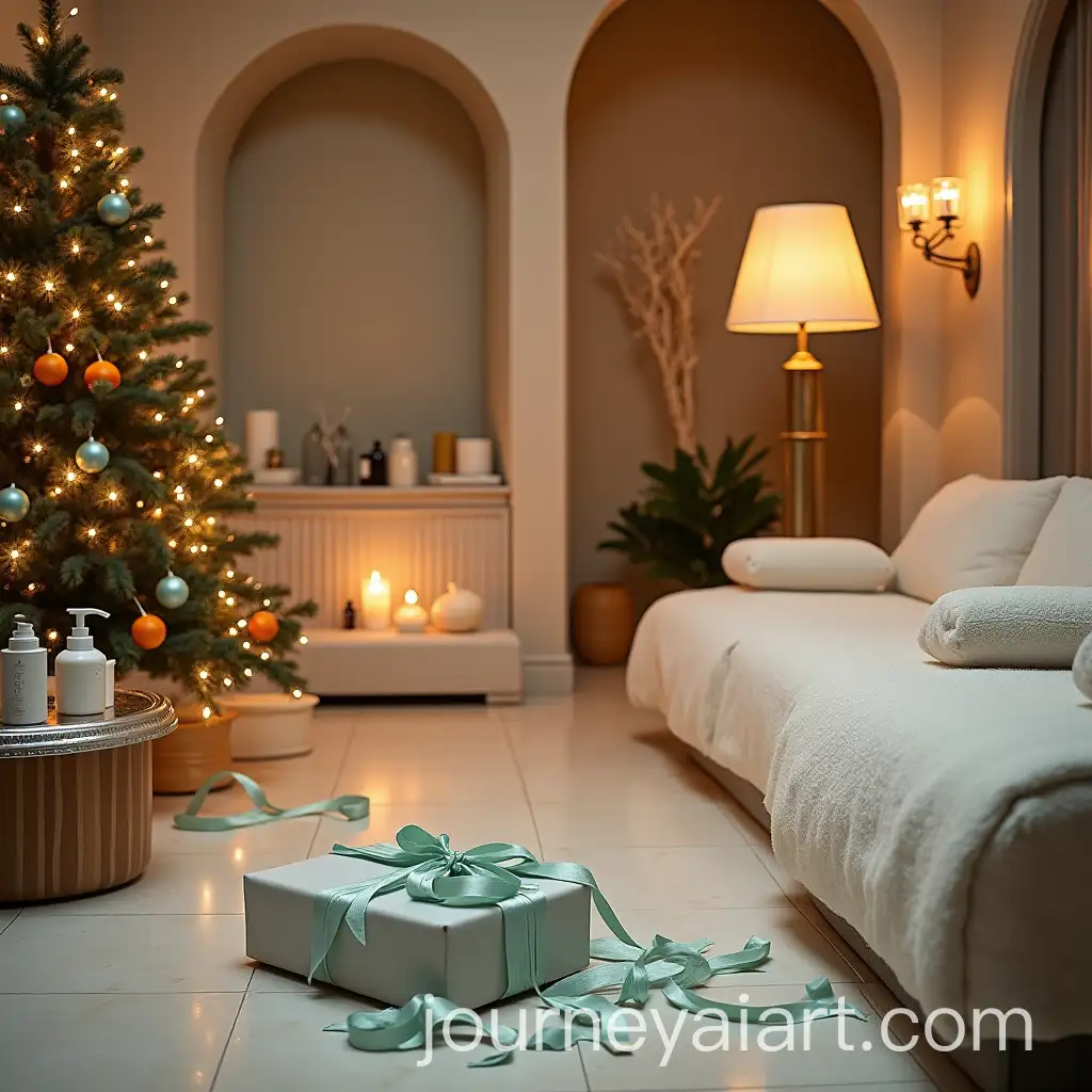 Luxurious-Spa-Room-with-Christmas-Decorations-and-Unwrapped-Gifts