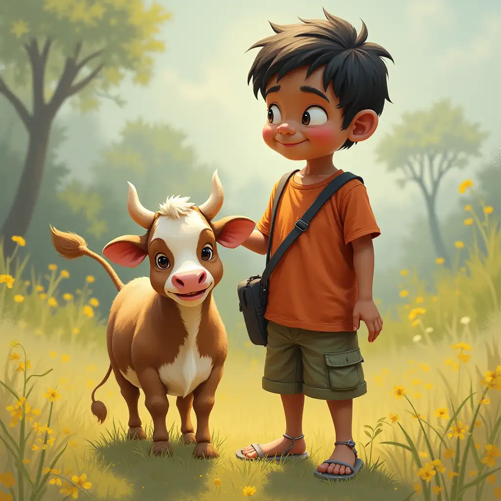 There was a little boy named Ramu who had a small cow