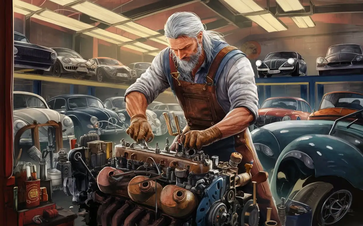 Geralt the auto mechanic and fixes and repairs cars