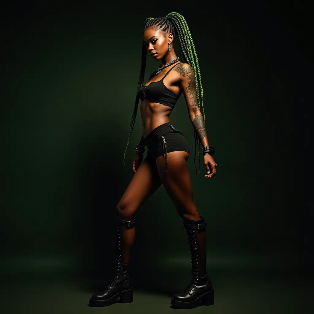 Depiction of a beautiful black woman with -tattoo, long mixed green braided hair in a futuristic style and laced boots, Blurry black background (120mm) shot poster