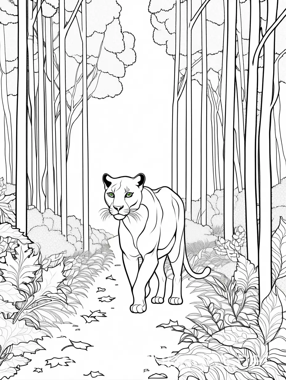 Panther-Walking-Through-Autumn-Forest-with-Falling-Leaves-Coloring-Page