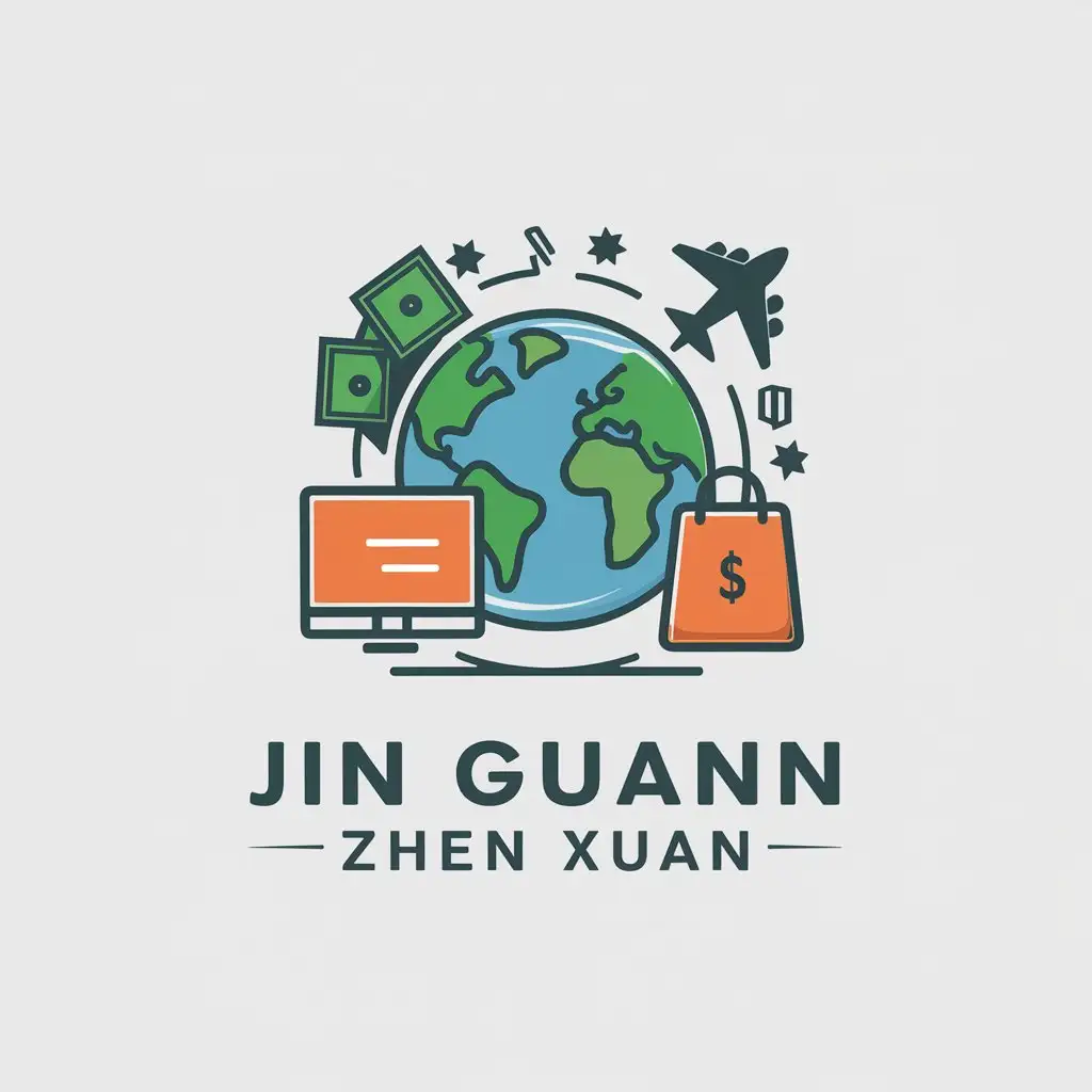 a vector logo design,with the text "Jin Guan Zhen Xuan", main symbol:earth shoppingcart computer money shoppingbag plane,Moderate,be used in Travel industry,clear background