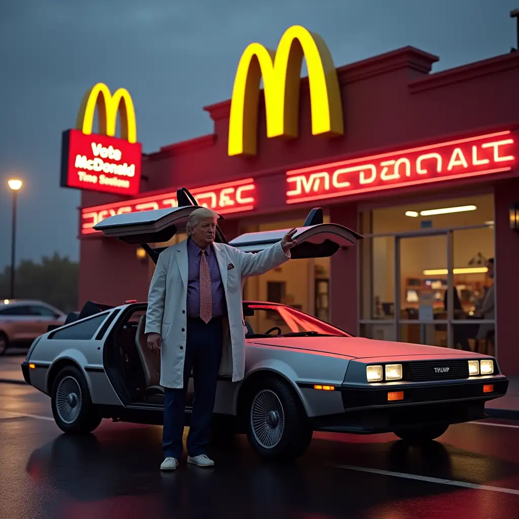 Donald-Trump-as-Doc-Brown-at-Dusk-Outside-McDonalds-with-DeLorean-Time-Machine