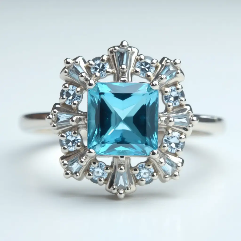 a snowflake-shaped blue gemstone ring, Tiffany style, simple design