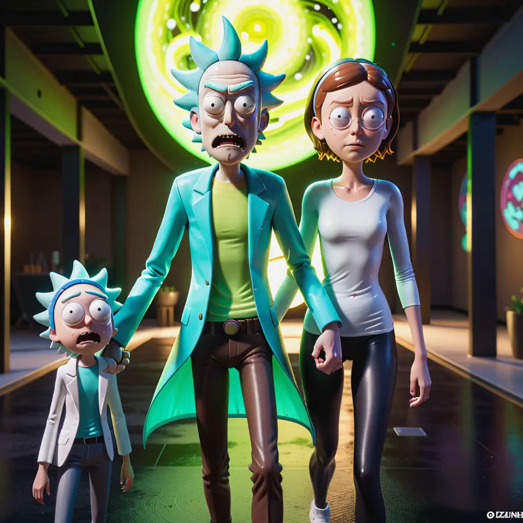 RICK and Morty, 32k, unreal engine 5, octane render, cinematic lighting, highly detailed, beautifully color-coded, daz3d, cgsociety, --ar 43:64