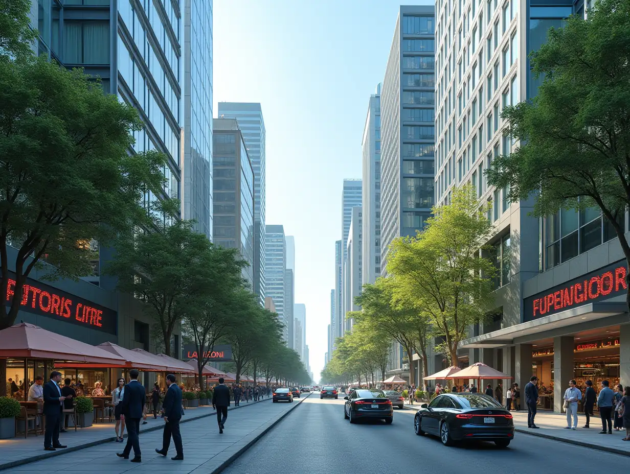 A realistic scene of a thriving economy featuring a bustling modern city. The image includes tall, glassy skyscrapers, clean streets with people walking and shopping, and well-maintained green spaces like parks. In the foreground, a business district with professionals in suits engaging in discussions, outdoor cafes with people enjoying meals, and a stock exchange building with an LED ticker displaying rising stock prices. Vehicles, such as electric cars and buses, move smoothly on organized roads, while the overall atmosphere is vibrant, reflecting prosperity and development. The lighting is natural, set during a bright and sunny day, emphasizing clarity and realism.