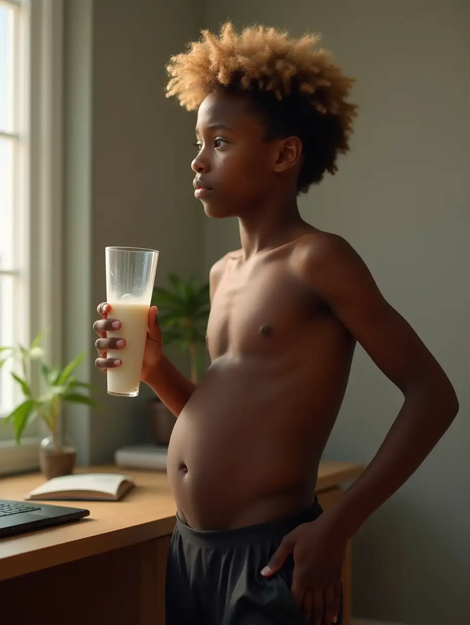 stock photo, an attractive adolescent 16 yo ebony African boy with curly blonde hair and a lean, form-hugging spandex shorts  and emanating an aura of youthful . very huge bloated belly, at desk, , drinking milk, ,, perfect hands, side view 