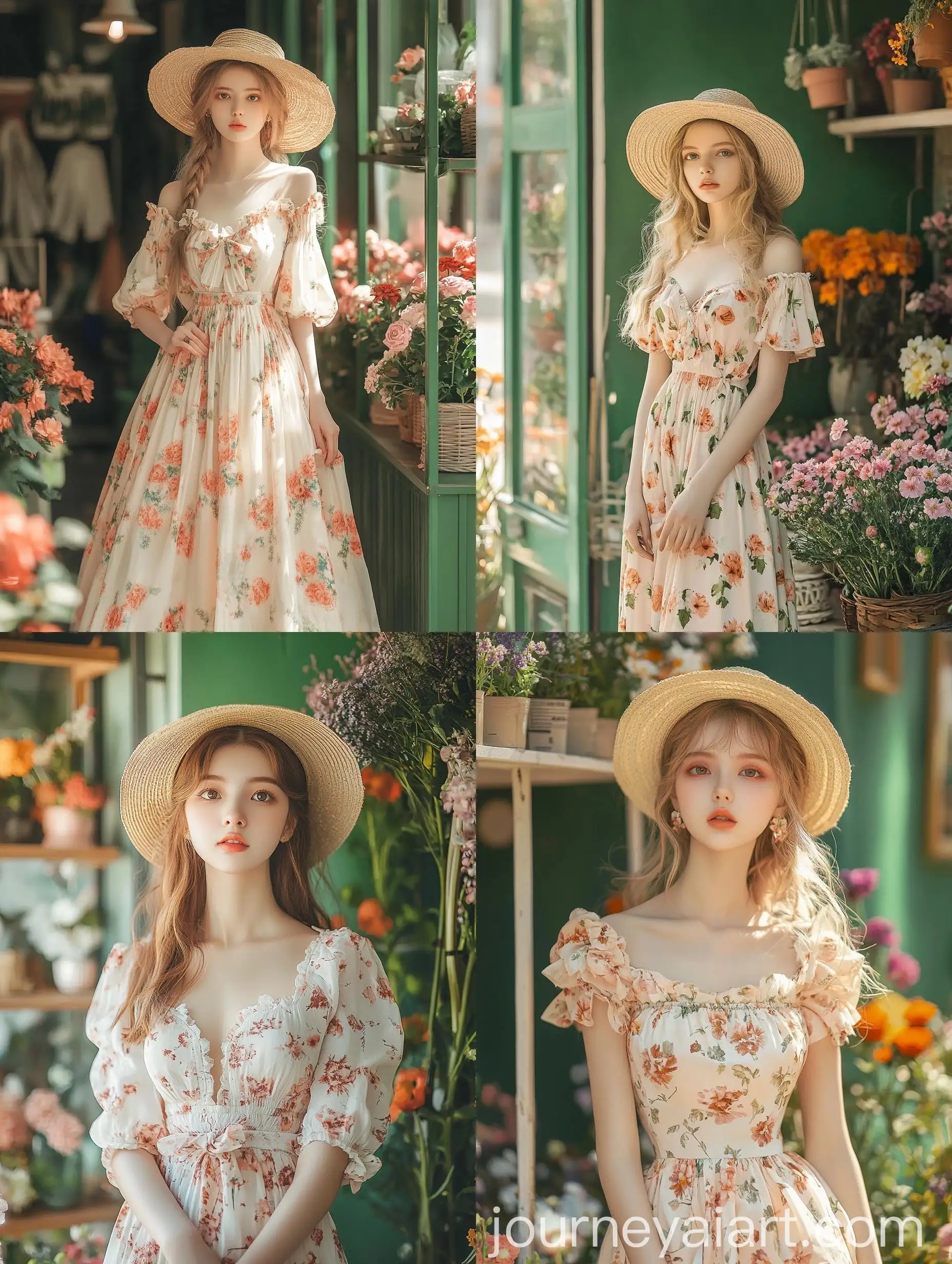 Elegant-Woman-in-Peach-Floral-Maxi-Dress-at-Flower-Shop