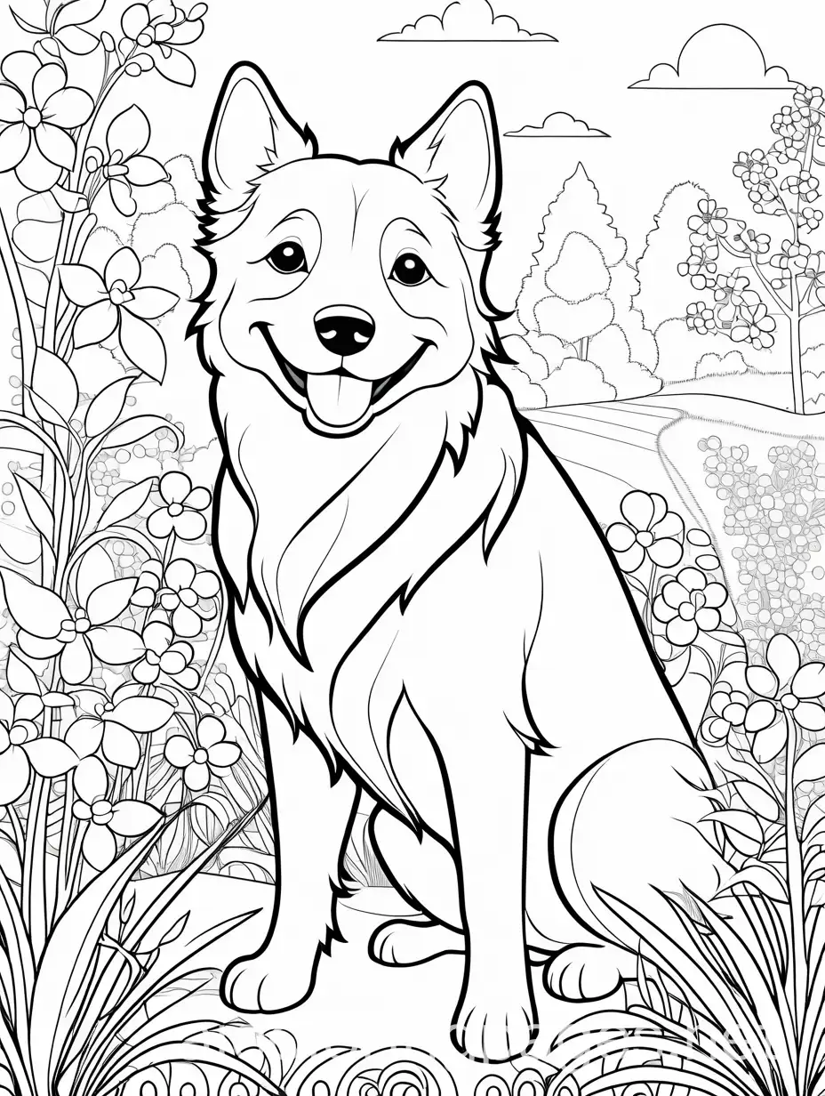 happy dog in the garden, Coloring Page, black and white, line art, white background, Simplicity, Ample White Space. The background of the coloring page is plain white to make it easy for young children to color within the lines. The outlines of all the subjects are easy to distinguish, making it simple for kids to color without too much difficulty