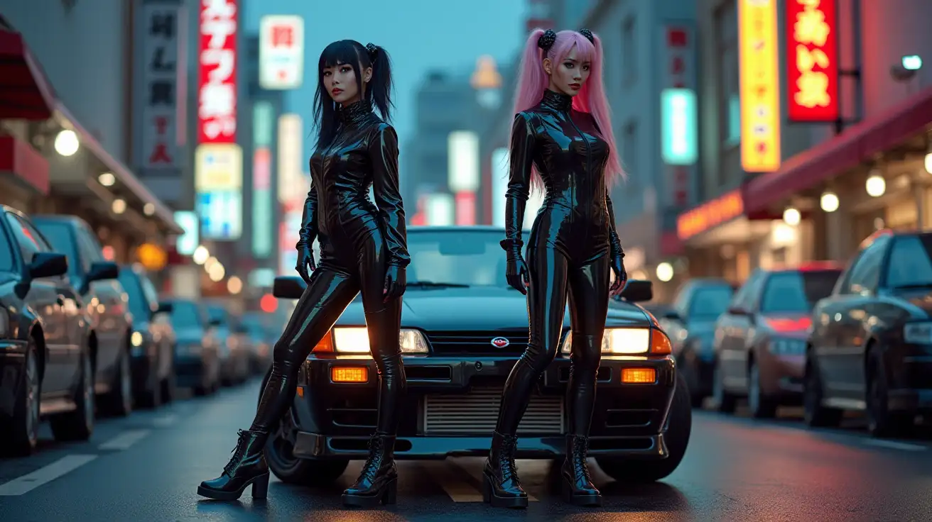 Two-Asian-Punk-Women-in-Shiny-PVC-Jumpsuits-on-Japanese-Street-at-Dusk-with-Nissan-R32