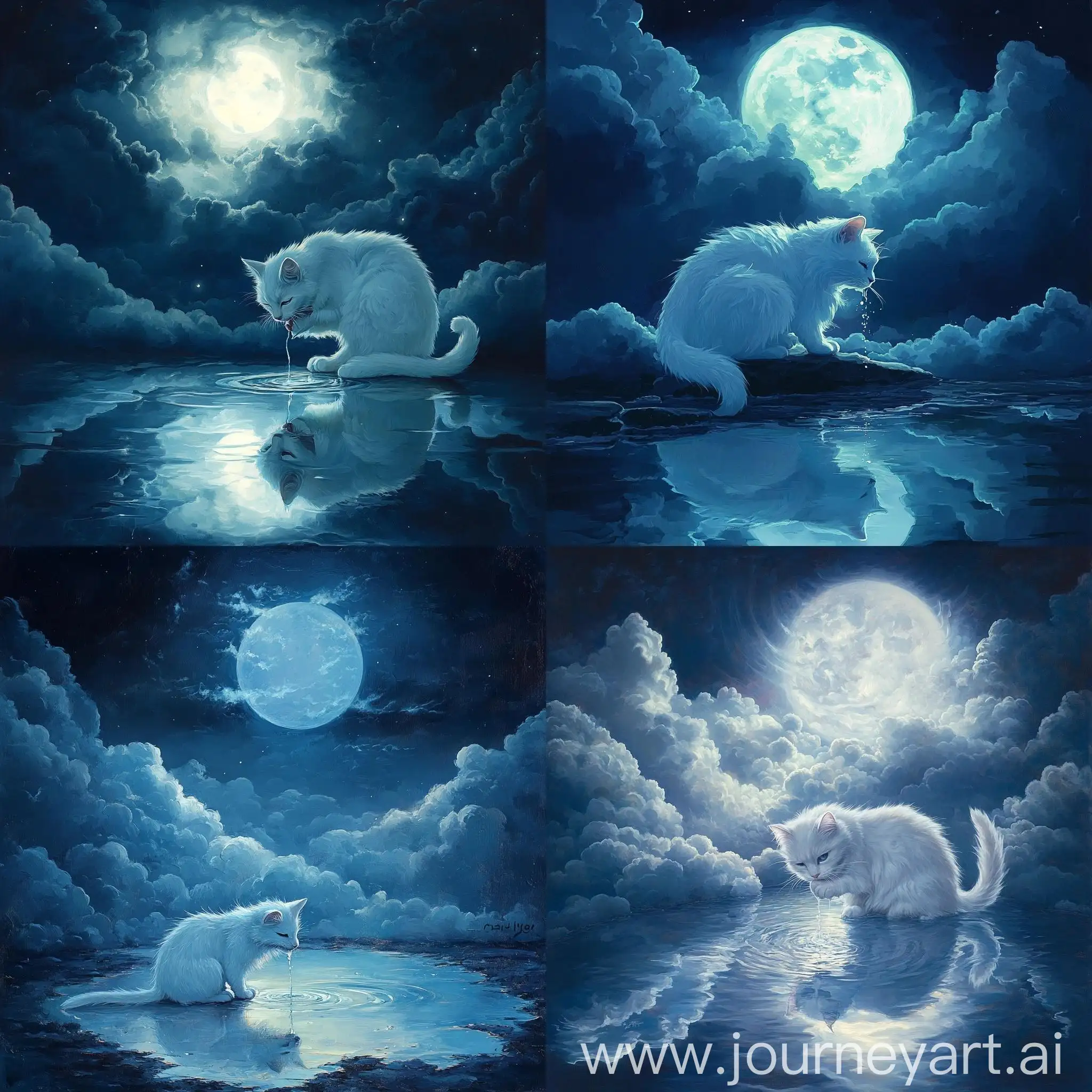 Moonlit-Night-with-Tranquil-White-Cat-Drinking-Moonlight-Reflection