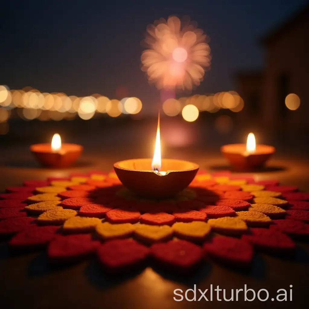 Festive-Diya-Display-with-Rangoli-and-Fireworks