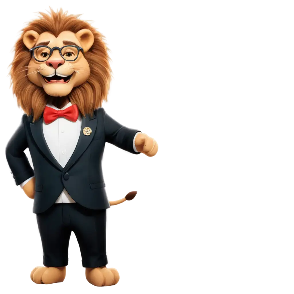 A comic lion smiling and wearing a tuxedo and wearing glasses.