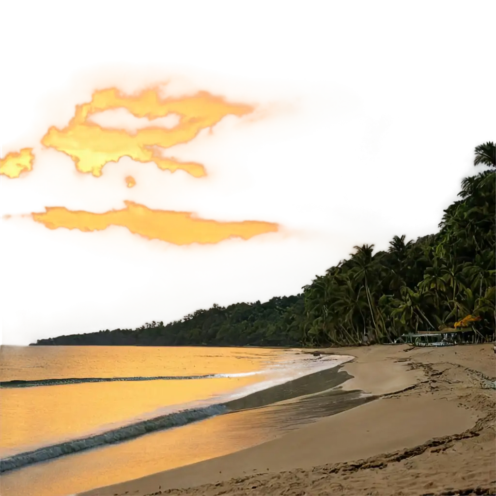 A tropical beach bathed with a golden hue at sunset