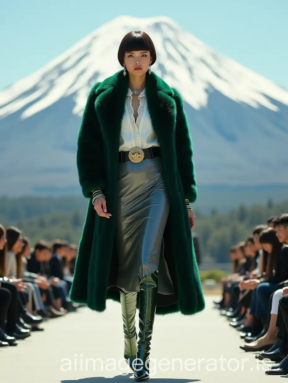 Japanese model in a dandy way, square haircut, earrings, collars, bangle and large belt, with dark green mink-fur coat, white friled and lace shirt shirt, pencil grey patent skirt, in very high-heels green metallic thigh-high-boots on a catwalk on front of the Fujiyama mount