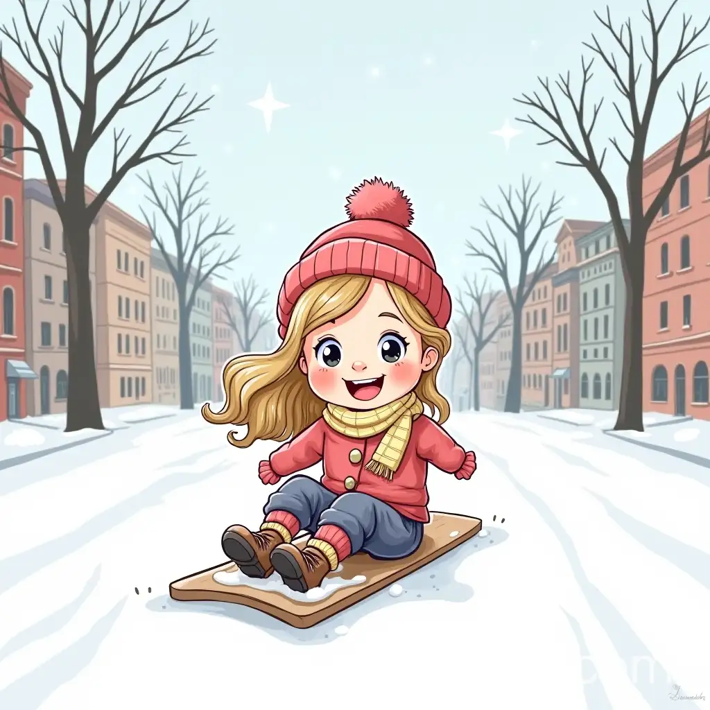 Joyful-Girl-Sledding-Through-a-Snowy-City-Street