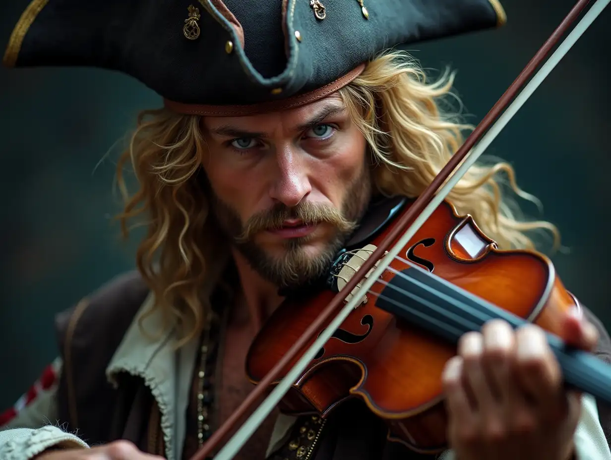 A handsome pirate captain with piercing glowing eyes and long blond hair playing violin