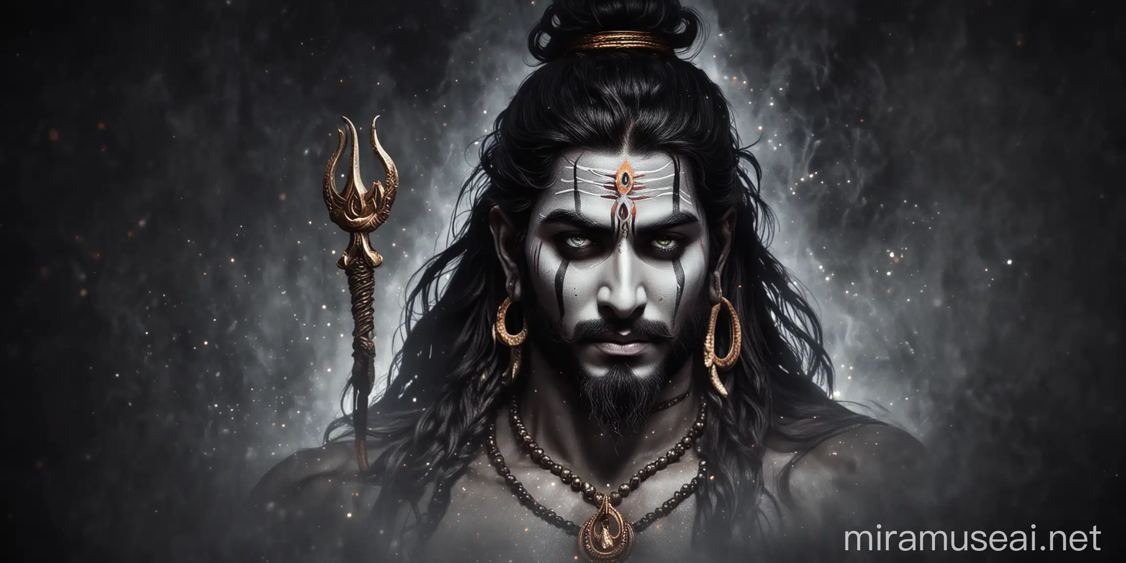 Mahadev with Sparkling Dark Flamy Background and Foggy Aura