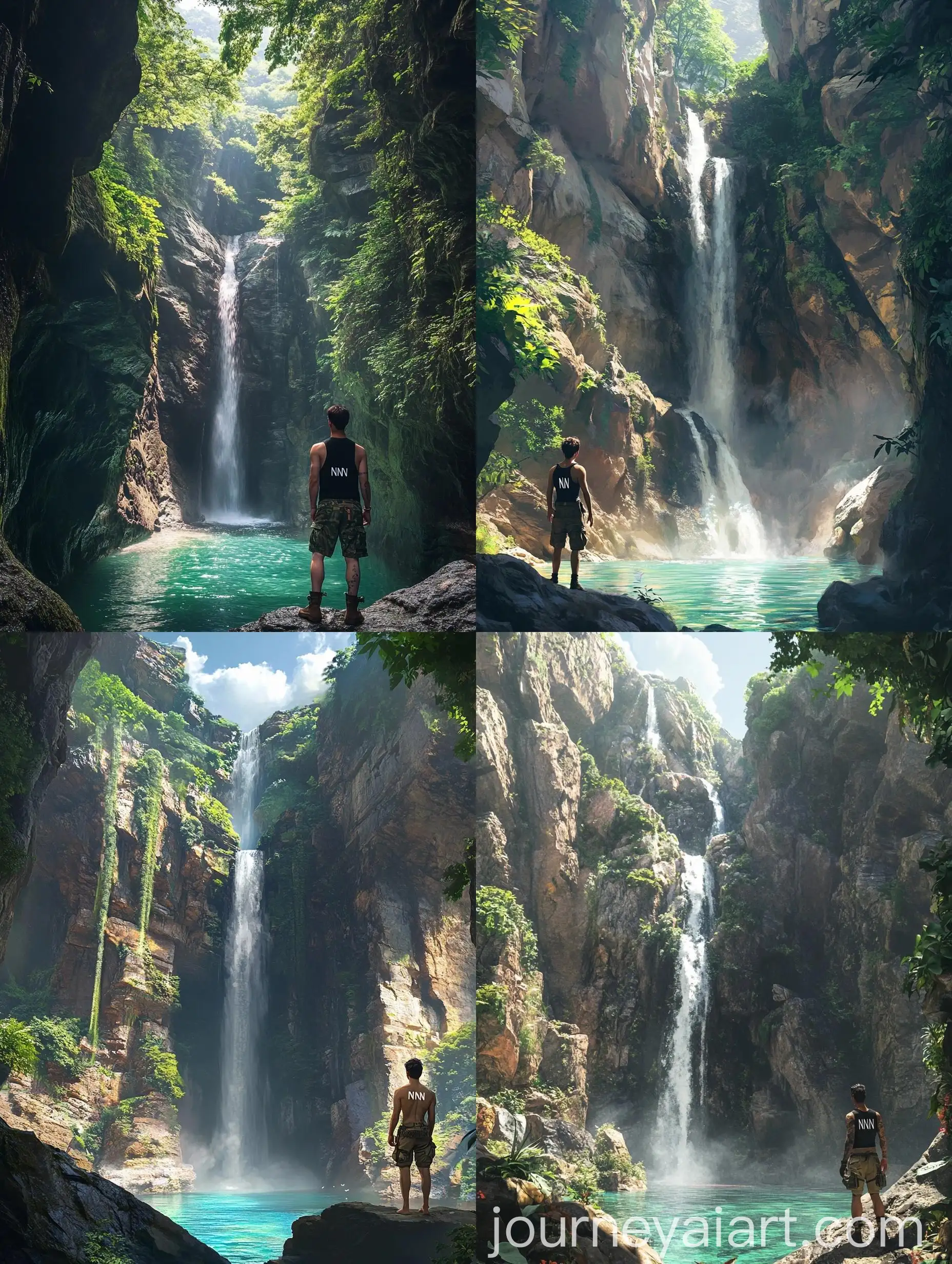 Majestic-Waterfall-Landscape-with-Confident-Korean-Man-in-Black-Tank-Top