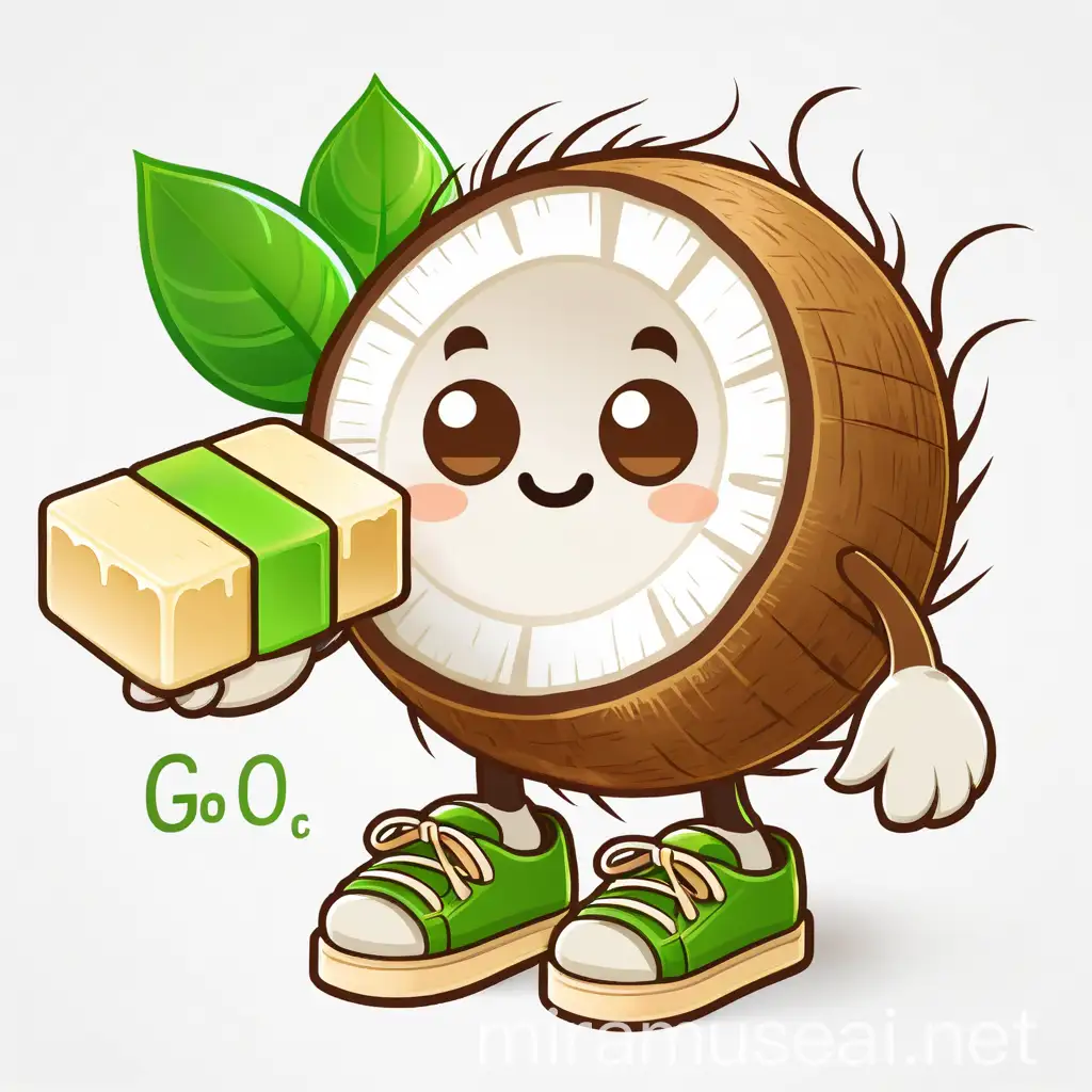 make a mascot from coconut with various styles of activities from having a cute expression for an organic soap brand called greenglow with a combination of green, brown and cream, holding soap and wearing shoes