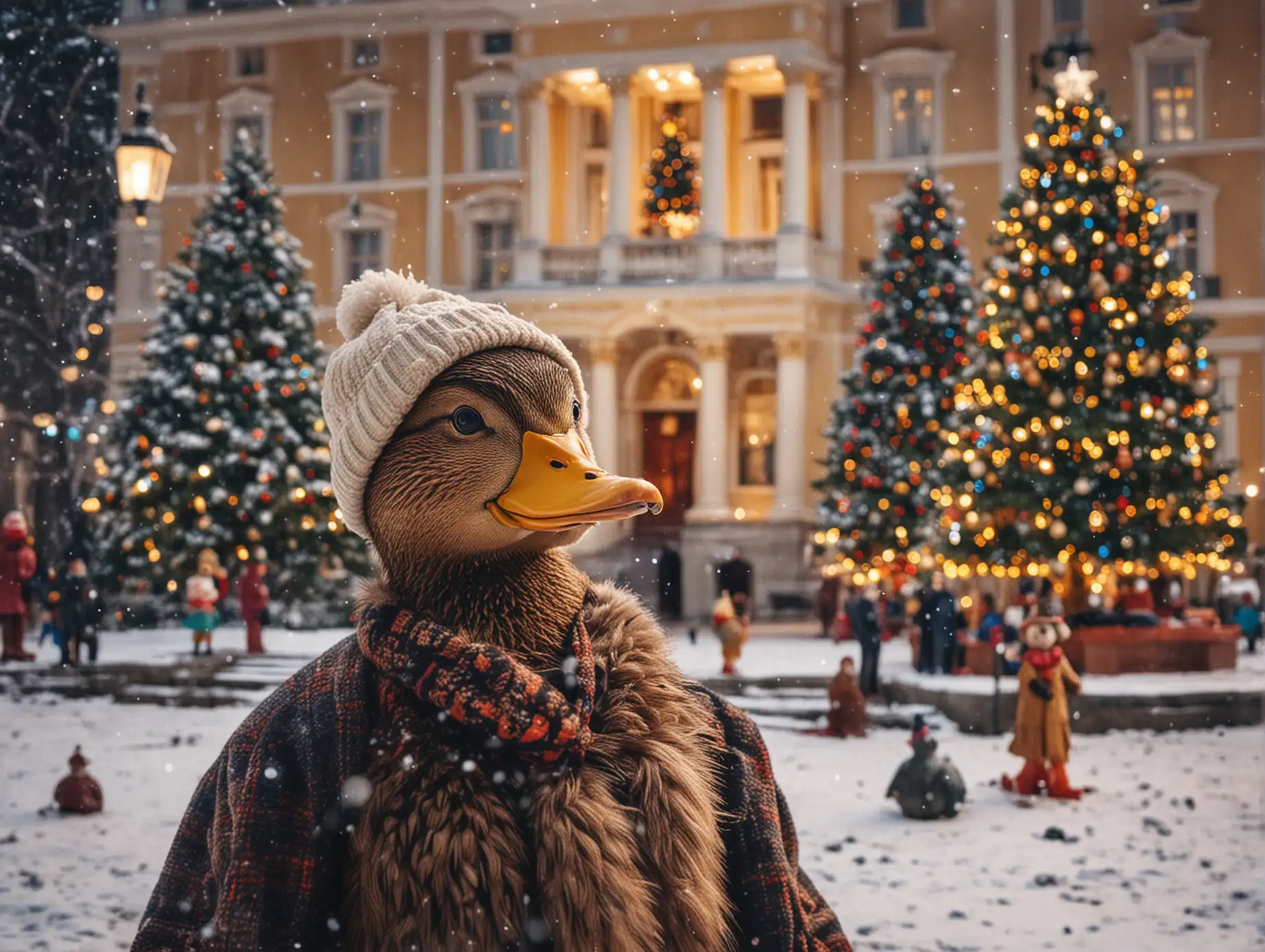 Duck-with-Human-Body-in-Winter-Coat-and-Hat-by-Christmas-Tree-at-Hermitage