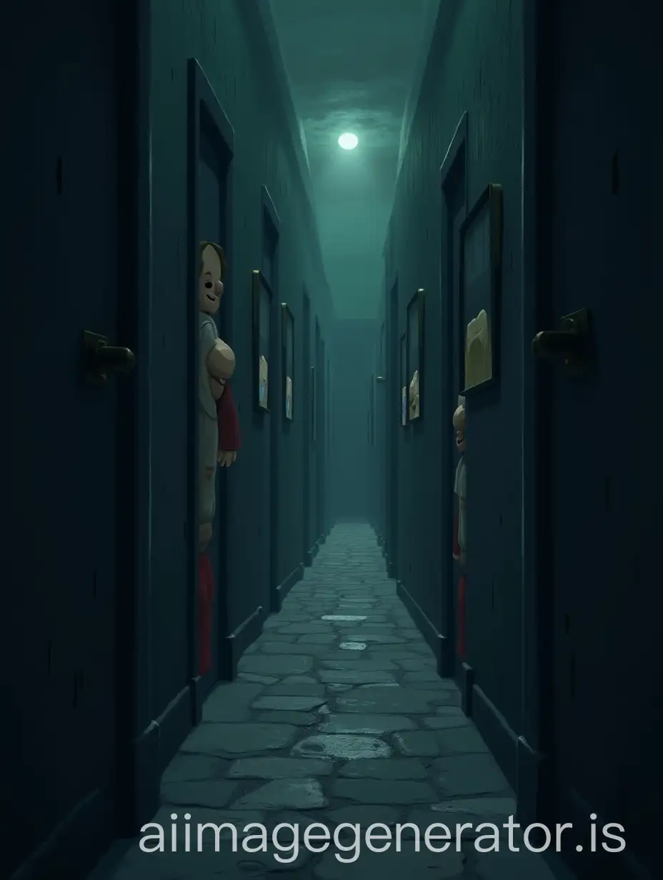 Terrifying-PixarStyle-Illustration-with-Dark-and-Gloomy-Environment-and-Doors-with-Stuck-Figures