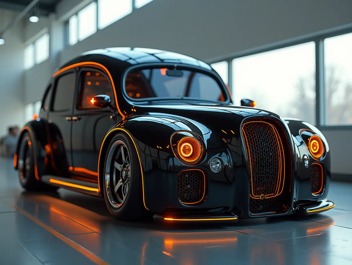 Supermodern utopian sports bus with gears, lowered body, 18-inch rims, aluminum wheels, orange-black leather steering wheel, Cyberpunk