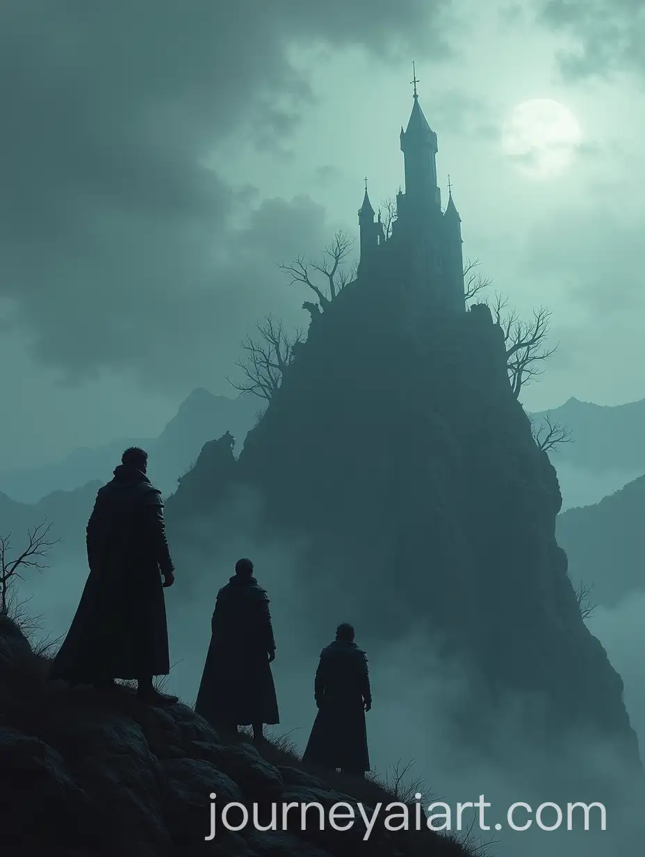Guardians-of-the-Cursed-Lands-Dark-Fantasy-Silhouettes-Overlooking-a-Haunted-Castle