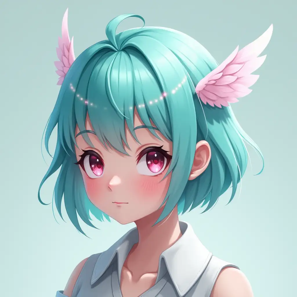 Create a girl with short hair and an open collar. Hair color is turquoise with pink sheen, and there are angel wing-like structures on the sides of her head