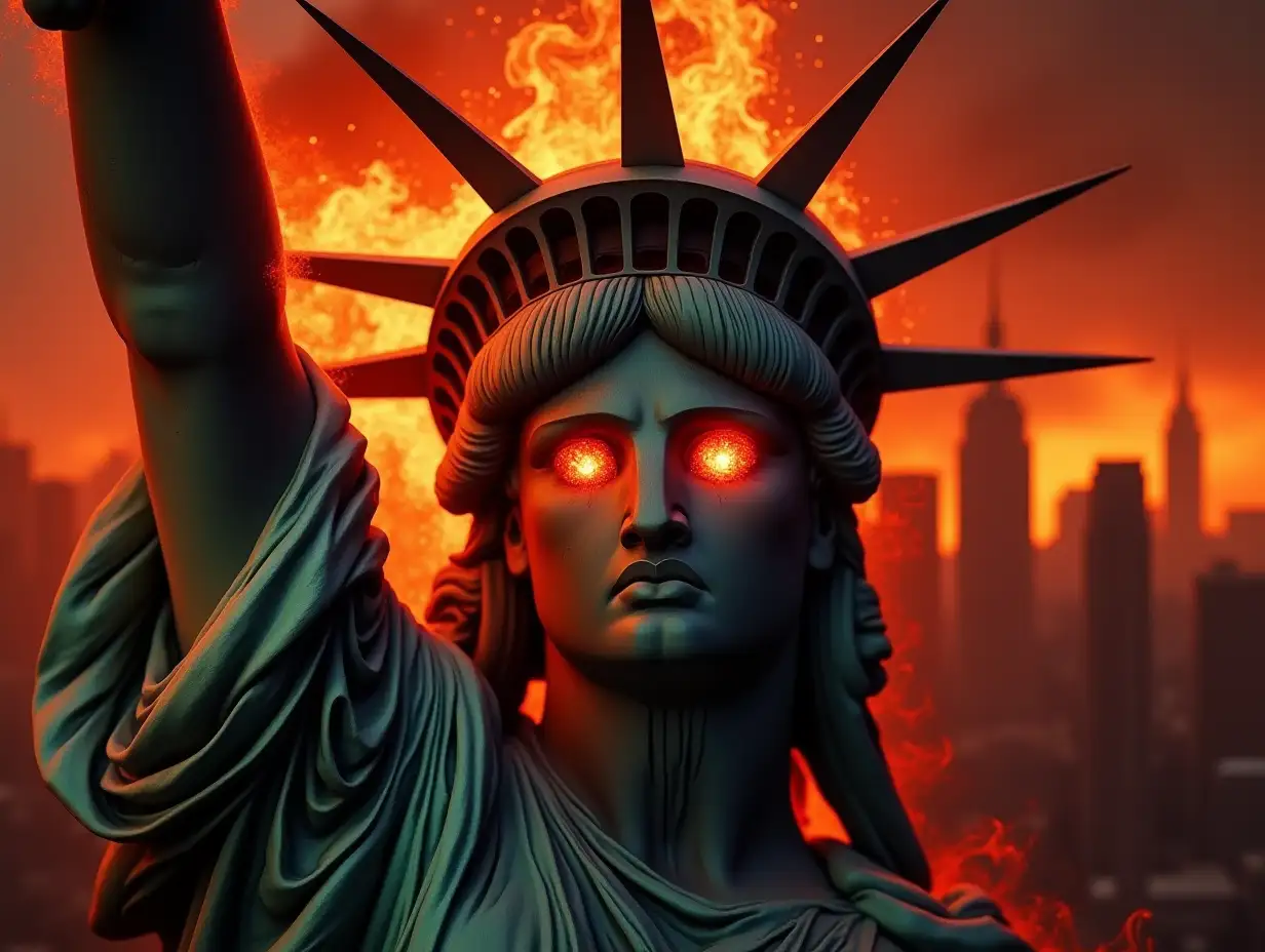 change the head of the Statue of Liberty, to a skull, closeup,, holes full of wounds, fiery melt coming out, there is fire, background of tall buildings on fire, potorealistic reddish clouds, 5K rendering