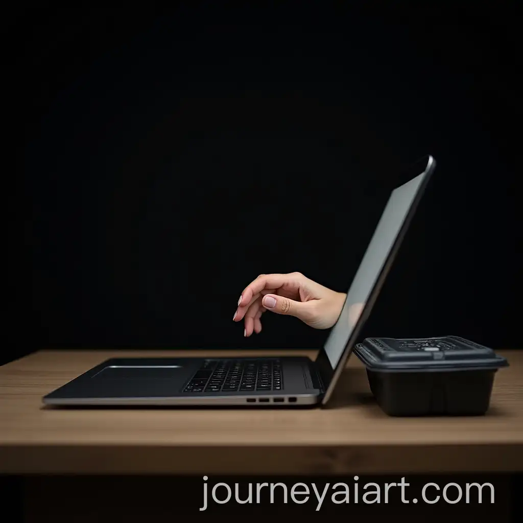 Persons-Hand-Reaching-Out-of-Laptop-Screen-to-Grab-Food-Box-on-Desk