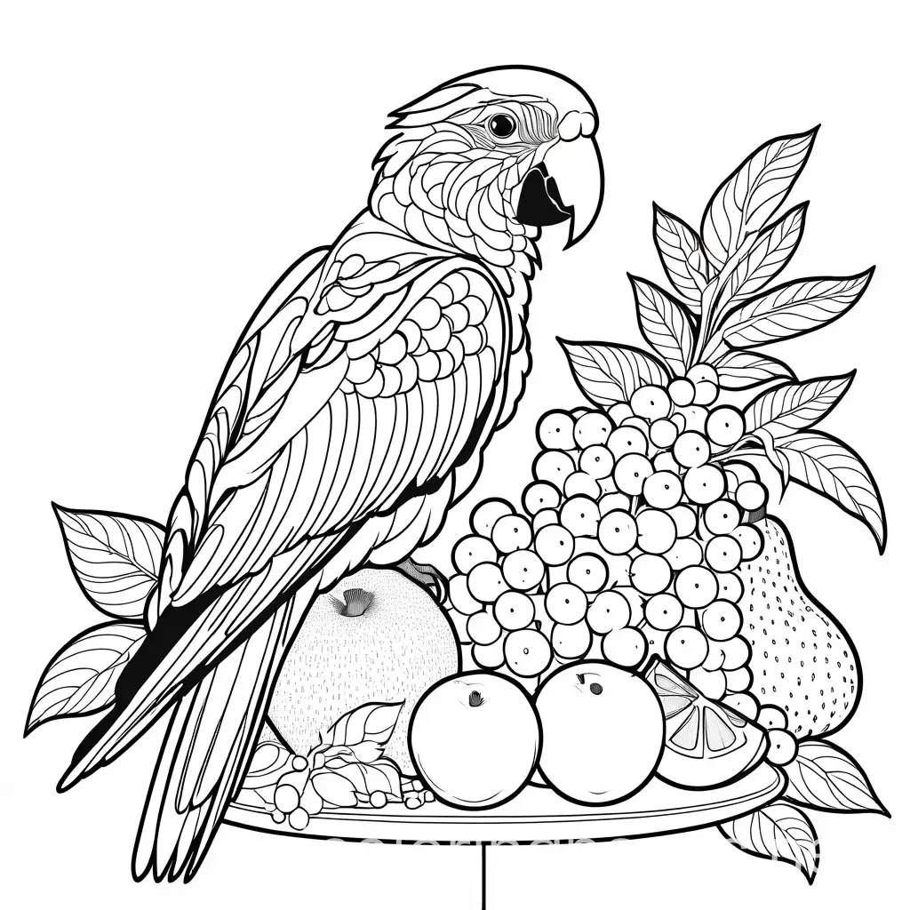 Still-Life-with-Parrot-and-Fruit-Coloring-Page