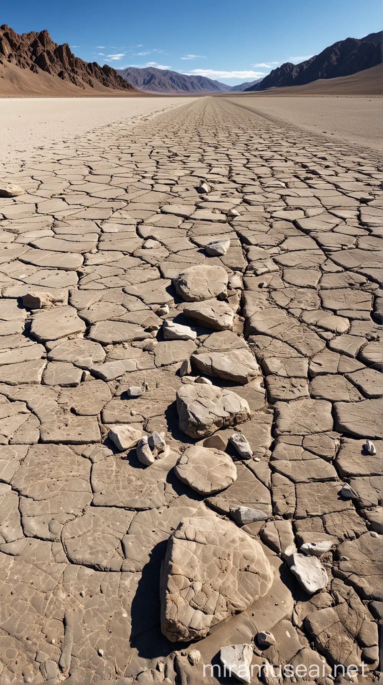 Large Rocks Leaving Trails on Cracked Dry Lakebed at Racetrack Playa