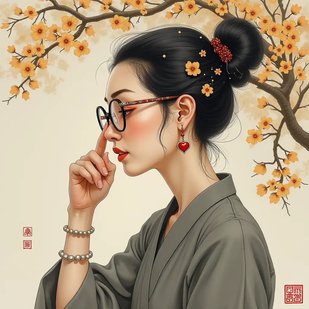 Chinese witty aunt side profile, glasses with heart/knife reflection, touching temple with pearl bracelet, ink painting osmanthus background, muted gold & grey palette, soft but sharp expression, subtle new Chinese style, 4k detailed portrait