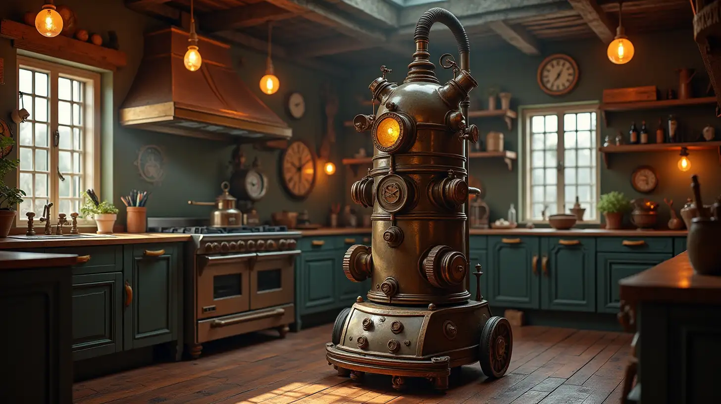 a big steampunk vacuum cleaner in an old steampunk kitchen.